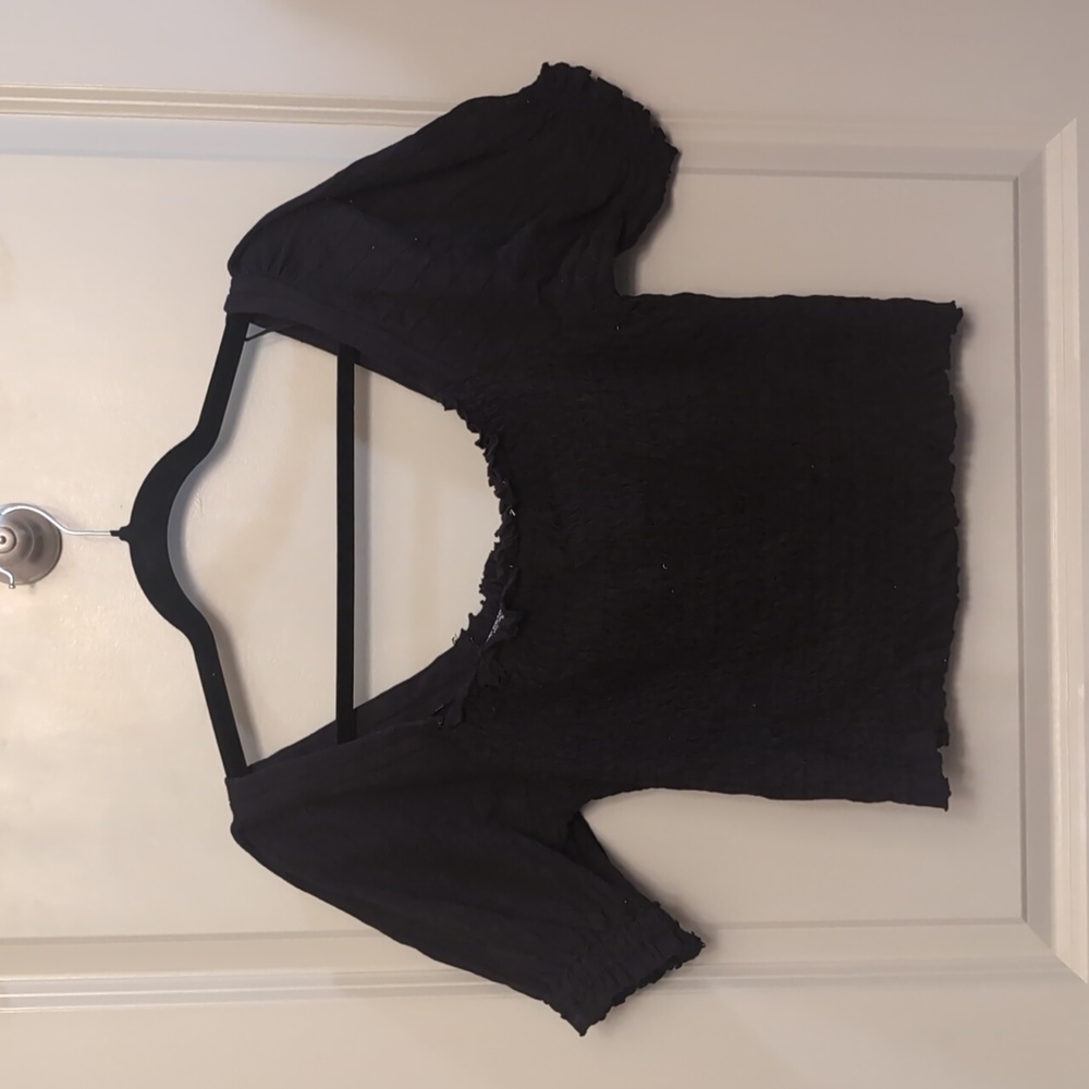 NWOT Free People Black Smocked Short Puff Sleeve Crop Top
